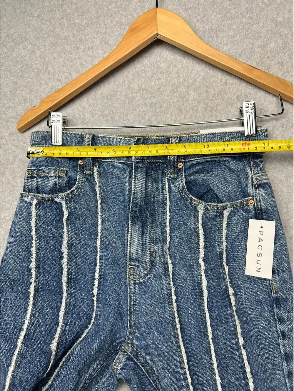 PacSun Frayed Stripe High Waisted Flare Jeans 25 Blue White Boho Retro Y2K Eco